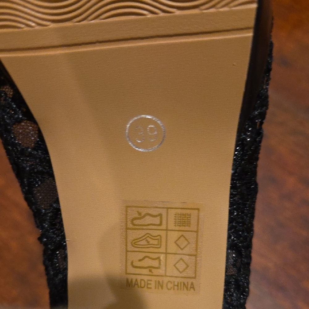 Black Lace Peep-Toe High Heel Booties with Gold Buckle - Picture 8 of 9